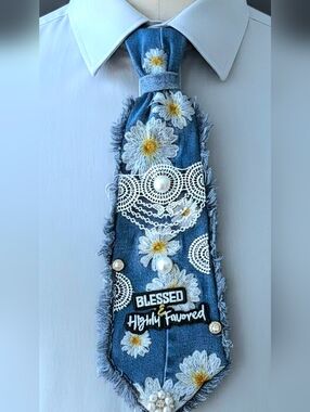 Re-created Denim Daisy Embroidered Tie Necklace with Lace & Pearl Accents